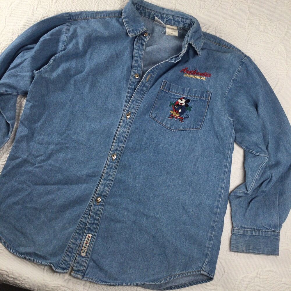 90s Disney Adult Denim Collared Shirt Mickey Mouse Women 10